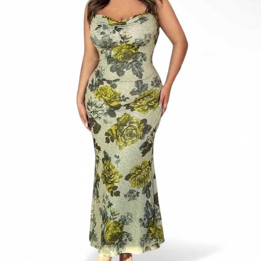 Floral Green and Gray Maxi Dress